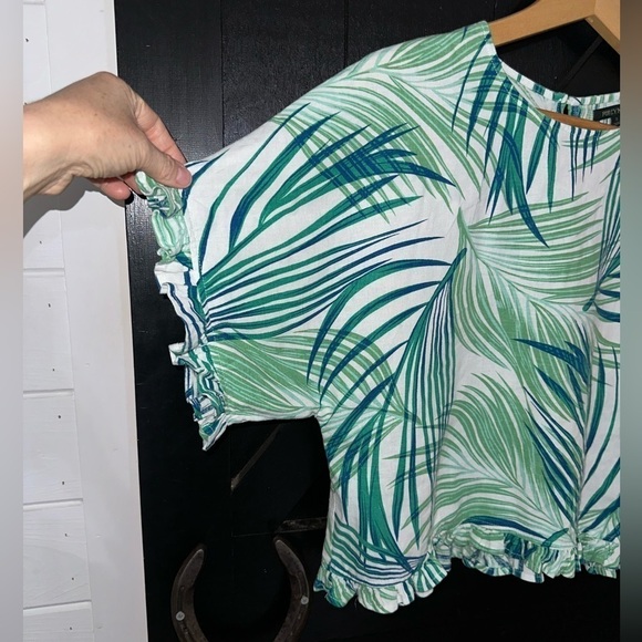 For Cynthia Linen Blend Boxy Ruffle Tropical Leaf Print Cropped Blouse Top Sz S - Picture 3 of 8